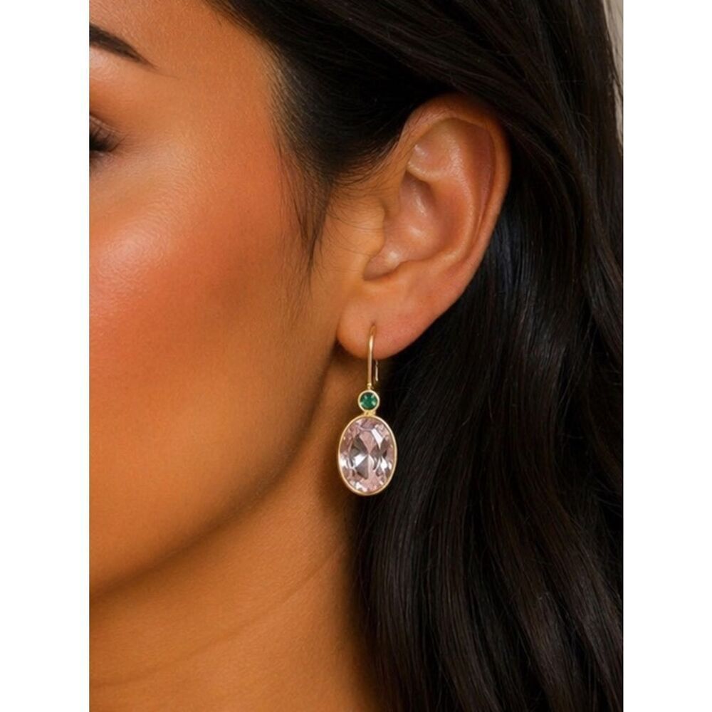 Gold Drop Earrings with Clear Oval Stones and Green Accent R 542